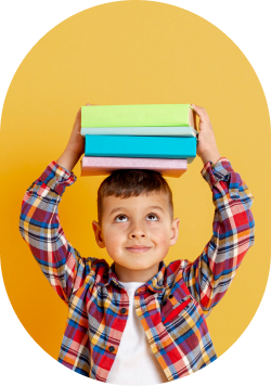 Student holding a book on their head