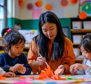 Mary, the founder, with a group of students